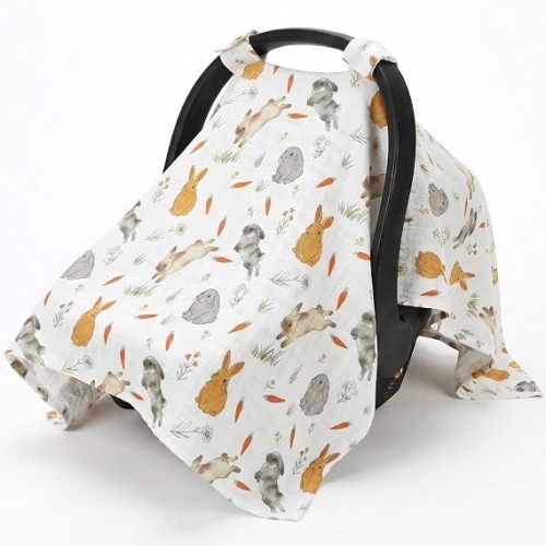 Car Seat Cover Baby, 100% Muslin Cotton Infant Carseat Covers for Boys and Girls, Lightweight Breathable Canopy, Summer Stroller Sun Shade, Newborn Travel Essentials(Rabbit)
