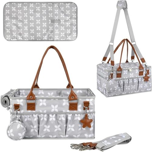 Diaper Caddy with Changing Mat, Large Baby Diaper Caddy Organizer with Lid, Portable Organizer Basket for Baby Essentials, Roll-Up Lid, Built-In Changing Mat Pocket
