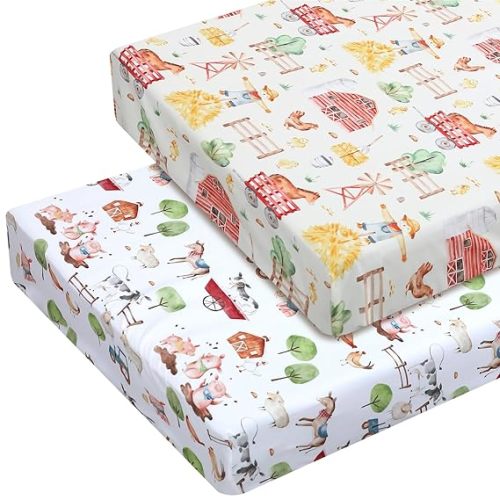 Mindsoft 2 Pcs Farm Animal Crib Sheet Set 52 x 28 x 8 Inches Baby Sheet Newborn Bedding Nursery Crib Sheets for Girl Boys Baby Gifts for Toddler Mattresses