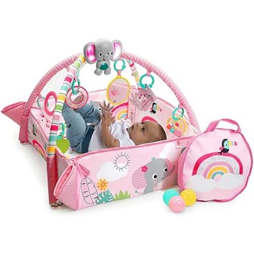 Bright Starts 5 in 1 Your Way Ball Play Baby Activity Gym Ball Pit Play Mat with Music, 40 Balls, 7 Toys, and Carrying Case, Rainbow Tropics