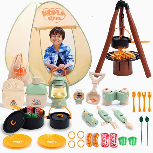 JoyStone Kids Camping Set with Tent, 42Pcs Camping Pretend Play Tent, Toy Campfire, Binoculars, Oil Lantern, Indoor and Outdoor Camping Toy Set, Gift Idea for Boys Girls