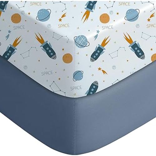 Yoofoss Pack and Play Sheets Fitted, Mini Crib Sheets 2-Pack for Pack N Play Mattress, Stretchy Playard Sheet, Soft and Breathable Blue Rocket
