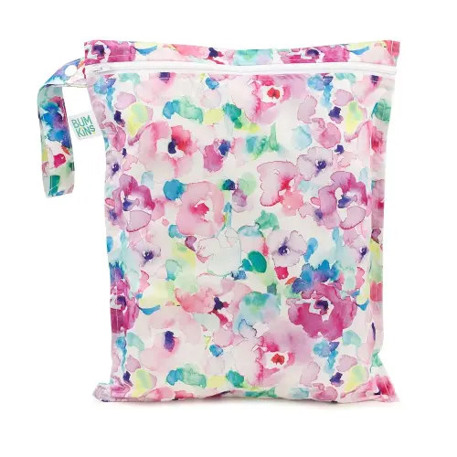 Bumkins Waterproof Wet Bag for Baby, Travel, Swim Suit, Cloth Diapers, Pump Parts, Pool, Beach, Gym Clothes, Toiletry, Hook to Stroller, Daycare, Zip Reusable Wetdry Packing Pouch, Watercolors Floral