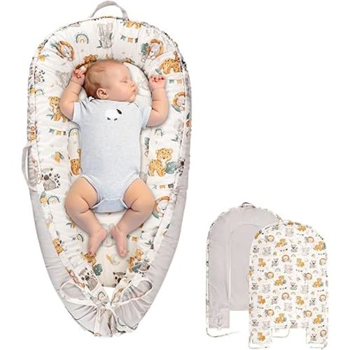 Baby Lounger Cover for Boys Girls, Reversible Baby Nest Cover, Adjustable Baby Lounger Replaceable Cover for Infant Newborn, Portable and Machine Washable, Cotton Gray Elephant Cover Only