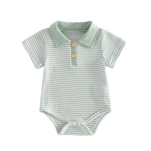 VISGOGO Baby Boy Striped Romper Waffle Short Sleeve Button Oversized Bodysuit Summer Baby Collared Polo Shirt Clothes