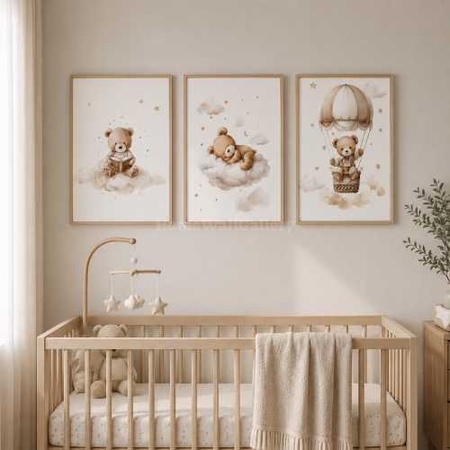 3PCS Boho Teddy Bear Nursery Wall Art Set, Neutral Baby Room Decor, Bear & Cloud Canvas Prints, Bohemian Nursery Posters, Playroom Decor Set
