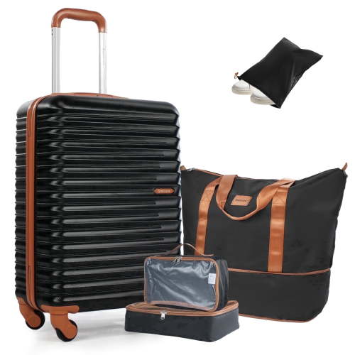 Smicure Carry On Luggage Set 5 Piece with Spinner Wheel, Hardside Lightweight Suitcase with Duffel Bag and Travel Essentials, Black
