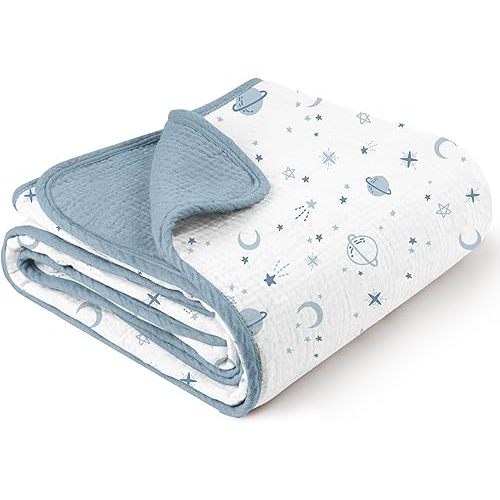 Konssy Muslin Baby Blankets for Girls Boys, 100% Cotton Crib Blanket for Infant Toddler, Super Soft and Lightweight Nursery Swaddling Wrap 40"x36" (Star)