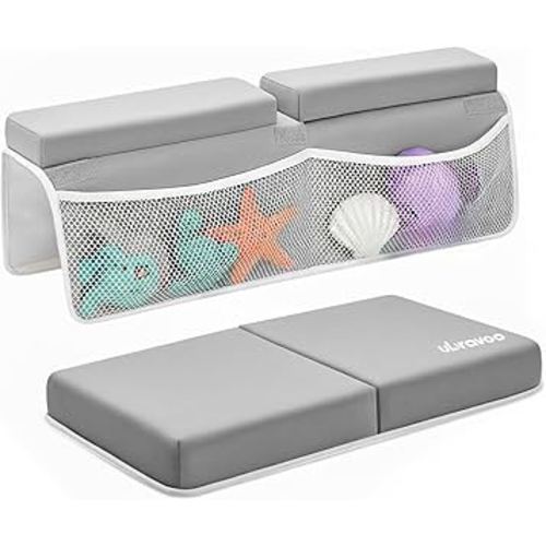 UBRAVOO Baby Bath Kneeler with Elbow Rest Pad, Non-Slip Foam Mat, Quick-Drying Cushion, Foldable Bathtub Support with Toy Storage Pockets for Parents (Gray)