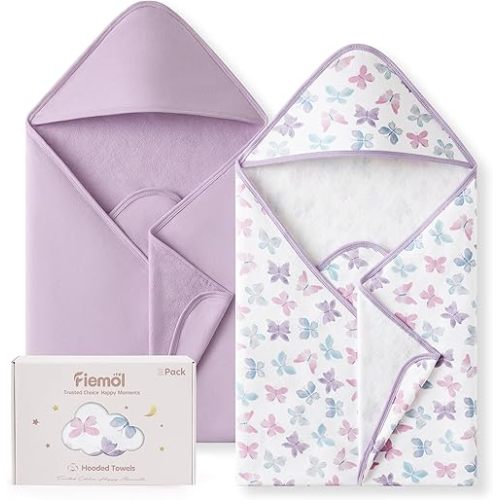 Hooded Baby Towels for Newborn,100% Cotton Baby Bath Towels with Hood for Infant Toddler Boy Girl, 2 Pack 32x32 Inch Soft & Absorbent Knit Terry Bath Essentials Purple Butterfly