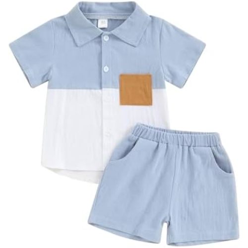 fhutpw Toddler Boy Patchwork Summer Outfits Short Sleeve Button Down Shirt Tops & Casual Shorts Sets Baby 2T 3T 4T 5T Clothes