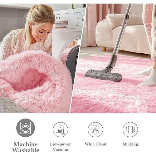 OLANLY Pink Round Rugs for Bedroom - Machine Washable, 4 ft Circle Area Rugs for Living Room, Soft and Fluffy Shaggy Carpet for Teen Girls and Boys, Nursery Rooms, Dorms, Home Decor Aesthetic