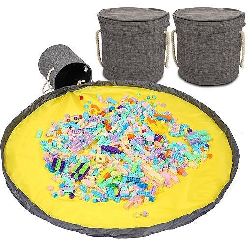 2 Pack Toy Storage Organizer and Play Mat for Kids, Toy Storage Organizer for Building Bricks & Blocks 12.6'' × 11'' Large Foldable Oxford Cloth Toy Storage Bins for Boys and Girls(Grey)
