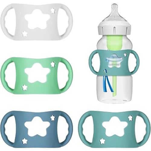 4 Pack Baby Bottle Holder for Dr Brown Wide-Neck Bottle with Easy Grip Handles Soft Silicone Star-Shaped Bottle Holder for Baby Self Feeding - BPA-Free (White Pink Purple Green)