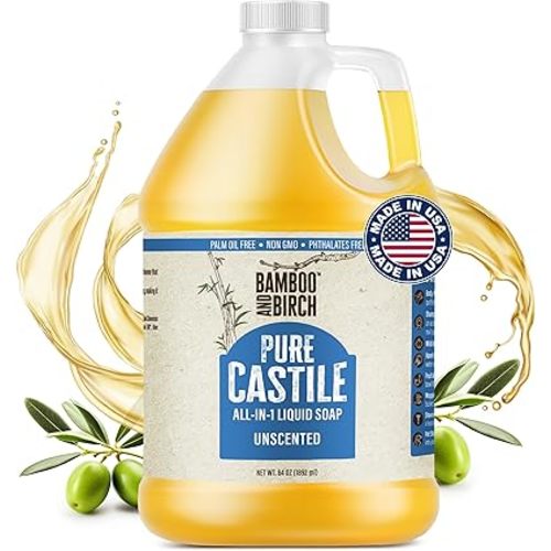 BAMBOO AND BIRCH Pure Castile Soap Liquid, Certified Palm Oil Free Natural Soap, Unscented, 64 oz