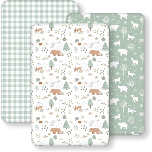 Baby Bassinet Sheets 33"x20", Bedside Sleeper Bassinet Fitted Sheets Compatible with Dream On Me, Baby Delight and Most Rectangle Bassinet Mattress, Soft Microfiber 3 Pack Green Forest Bear