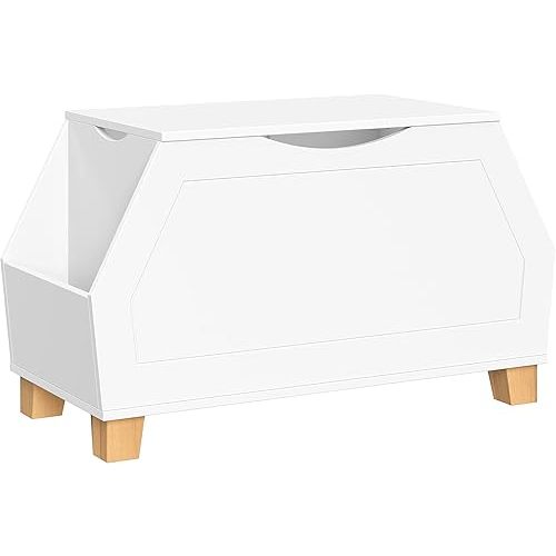 RiverRidge Kids Catch-All Collection Toy Box with Side Book Shelves Child-Safe Toy Storage Organizer With Childrens Bookshelf Side Slots For Kids Game And Book Storage - White