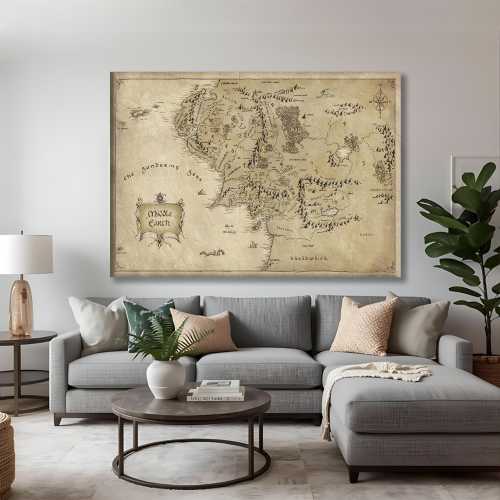 Middle-earth Map Canvas Painting, Vintage Fantasy Wall Art, Movie Map Poster