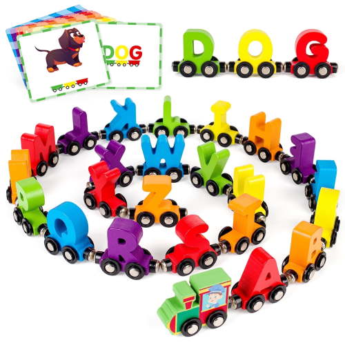 Vanmor 27 PCS Preschool Alphabet Toys Magnetic Wooden Train Sets | ABC Letter Learning Toy Trains with 42 PCS Flash Cards | Kids Boys Girls Educational Toys for 3 4 5 6 7 Years Old