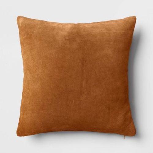 Washed Cotton Velvet Square Throw Pillow Light Brown - Threshold™: Indoor Decorative Cushion, Modern Style
