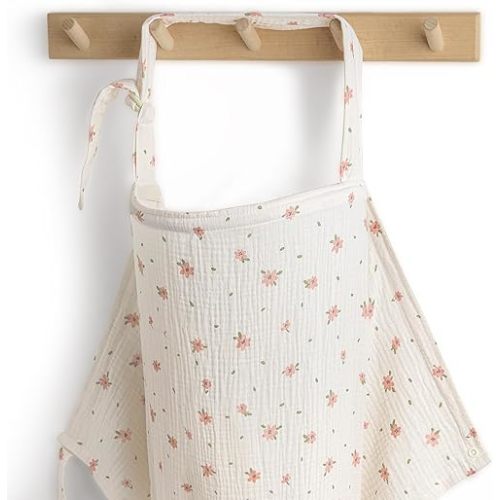 Blissful Diary Muslin Nursing Cover for Breastfeeding, Breathable Breastfeeding Cover up with Arch Neckline for Women, Nursing Apron (Pink Floral)