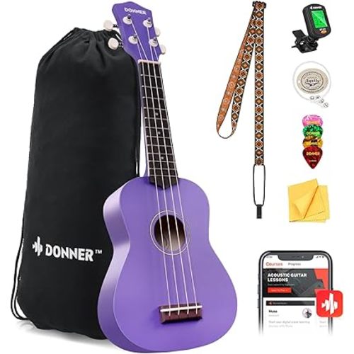 Donner Soprano Ukulele for Beginner 21 Inch Matte Ukulele Beginner Kit with Bag Strap Tuner Strings Picks Cloth, Free Online Lessons (Purple)