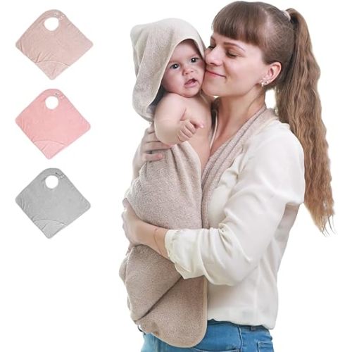 KELRICER Hooded Baby Towels for Newborn, Hands Free Baby Hooded Bath Towel, Oversized Baby Towel with Super Absorbent 100% Cotton, 35.4 * 35.4 Inch Full Coverage Kids Bath Towel (Khaki)