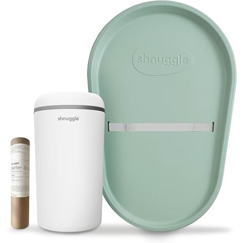 Shnuggle Changing Essentials Bundle - Squishy Changing Mat Eucalyptus + Eco-Touch Diaper Bin + Better Bag Liners - Wipeable, Odor-Locking, Eco-Friendly, No Costly Refills