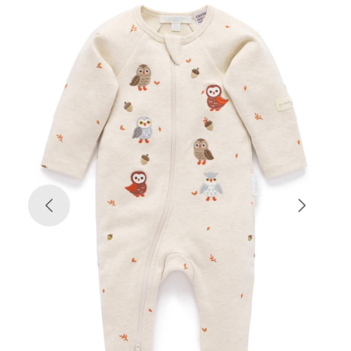 Beige Owl Thick Zip Growsuit - Purebaby size (000) 0-3 months