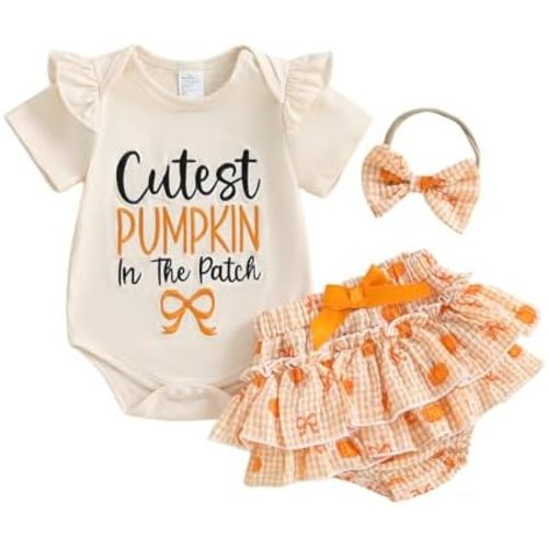 SAYOO My First Halloween Baby Girl Outfit Newborn Pumpkin Boo Print Bodysuit Romper Layered Skirt Shorts Photo Shoot Clothes