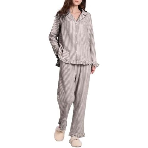 Women's Cotton Pajama Set Long Sleeve Striped Ruffle 2 Piece Pjs