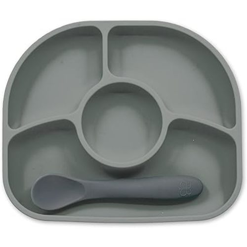 bblüv - Yümi - Silicone Suction Plate & Spoon Set for Baby, Infants and Toddlers, Anti-Spill, Microwave and Dishwasher Safe (Grey) 19 x 16 x 3,5 cm