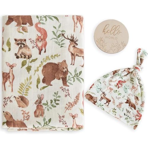 LifeTree Muslin Swaddle Blankets, Muslin Baby Boy Swaddle Blanket and Hat Set with Birth Announcement Card, Newborn Unisex Neutral Receiving Blankets Woodland Forest Animals