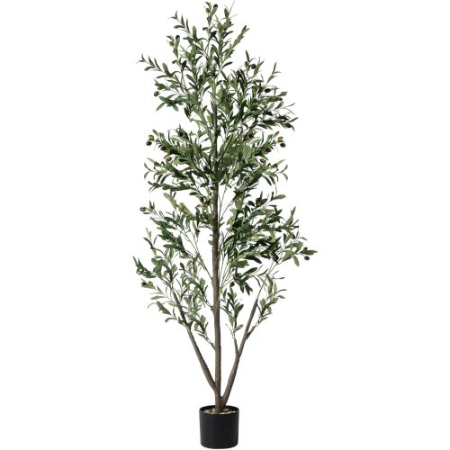 Olive Trees Artificial Indoor, 5FT Tall Faux Olive Tree with Lights Moss and Planter, Artificial Plants Indoor with Natural Wood Trunk and Lifelike Fruits, Fake Tree for Home Office Living Room Decor
