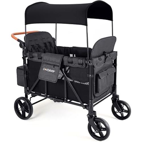 Elite 4-Seater Wagon Stroller for 2-4 Kids, One-Hand Fold, High Seats with 5 Point Harness, Adjustable Handle & Canopy, Dark Gray