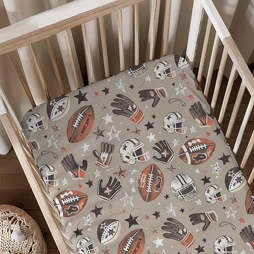 Sports Football Pattern Baby Sheets for Crib, Unisex American Football Nursery Fitted Bed Sheet for Boys Girls Standard Crib and Toddler Mattress-28x52