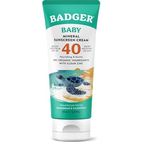 Badger Mineral Baby Sunscreen Cream, Non Toxic Sunscreen, SPF 40, 2.9 fl oz | 98% Organic, Zinc Oxide, Reef Safe, Pediatrician Tested for Sensitive Skin, Toddler sunscreen, Baby sunblock
