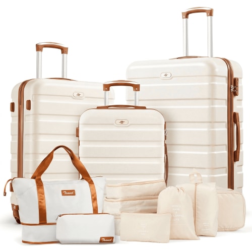 13 Piece Luggage Sets, 20/24/28 inch Hardside Lightweight Suitcase with 7PCS Packing Cubes, With Expandable Duffle Bag (White Tan)