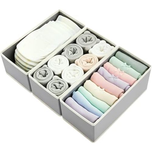 3-Pack Breathable Mesh Drawer Organizer - Foldable Fabric Storage Bins for Underwear, Bras & Socks, Removable Dividers for Closet & Dresser, Light Grey