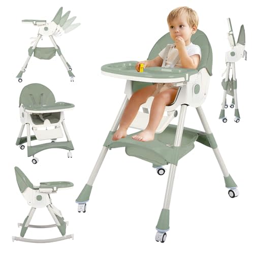6 in 1 High Chair for Babies and Toddlers Portable Folding Baby Feeding Chair with Wheels and Footrest,Adjustable Height and Backrest Multi-Functional Highchair for Home and Travel