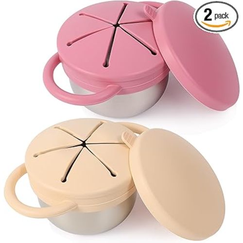 2 Pack Stainless Steel Spill Proof Snack Cup for Baby Toddlers Kids, with Silicone Food Catcher, Travel Lid, Spill-Proof Bowl Containers, Toddlers Essentials, Non Toxic BPA Free