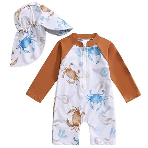 Hienoo Boys Rash Guard Swimsuit Long Sleeve Swimwear Sunsuit with Sun Hat, Sizes 3M-3T