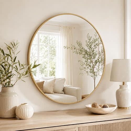 GarveeHome 18 Inch Round Bathroom Mirror, Gold Aluminum Frame Mirror