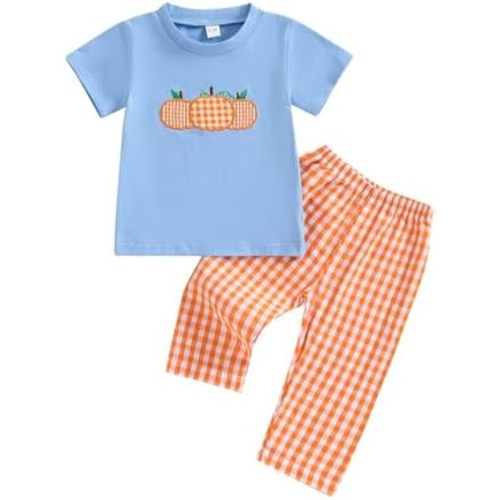 Toddler Baby Boy Halloween Outfit Pumpkin Embroidery Short Sleeve T-Shirt Long Plaid Pants Set 2Pcs Clothes