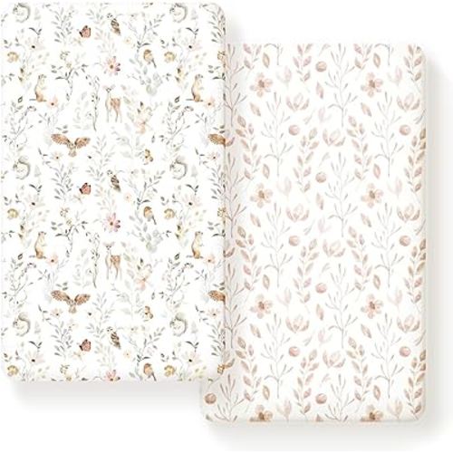 GRSSDER Jersey Knit Fitted Crib Sheets Set 2 Pack Fit All Standard Crib Mattress Beautiful Blush Pink Floral Cute Animals Print