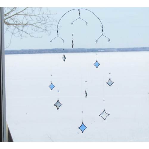 All Stars Hanging Mobile Blue, Gray (Grey) and Clear Glass Crystal and Silver Colors - Made in Canada