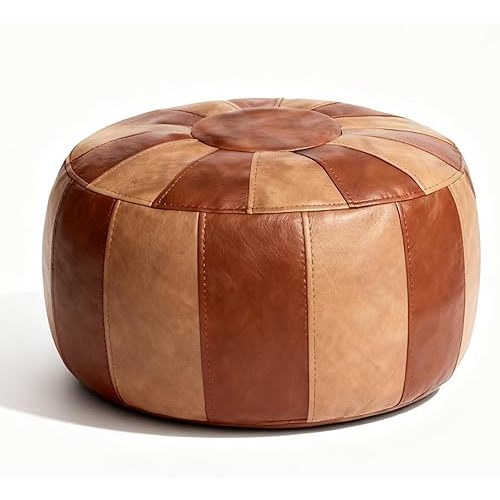 Thgonwid Unstuffed Moroccan Storage Pouf Foot Stool Ottoman Seat Handmade Faux Leather Bean Bag Floor Chair Foot Rest for Living Room, Bedroom or Balcony (Brown & Khaki)