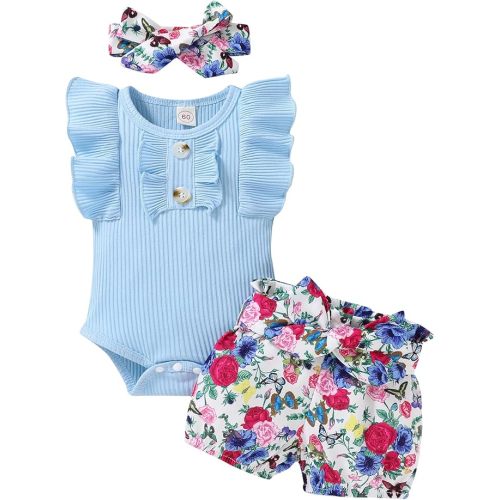Tiny Cutey Baby Girl Clothes Infant Summer Outfits Set Ruffle Sleeve Romper and Floral Shorts with Headband
