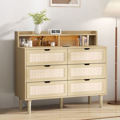 Bestier 6-Drawer Dresser with LED Lights, Built-In AC Outlets & USB Ports, Concealed Handles and Smooth Slides