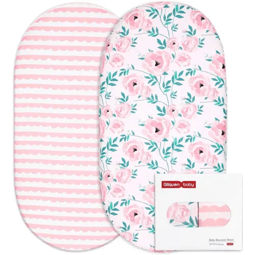 Gllquen Baby Bassinet Sheets Set 2-Pack, Breathable Cozy Bassinet Fitted Sheet Universal Fit Standard Mattress Oval Rectangle Cradle Baby Sheets for Baby Boy Girls Unisex 32"x16" (Pink Flower)
